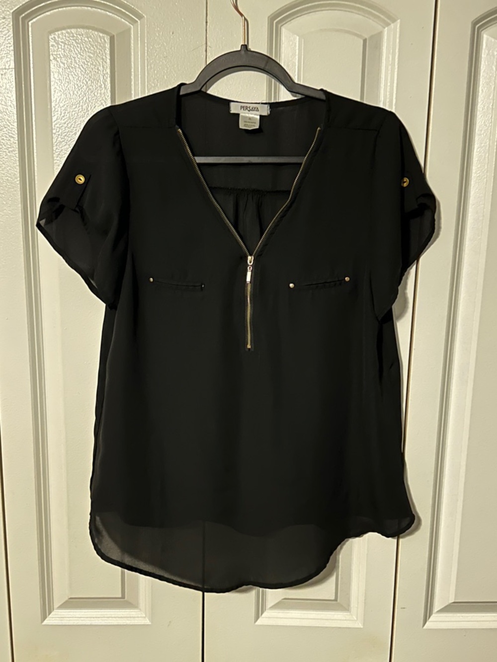 Black Zip-Front Short Sleeve Blouse
